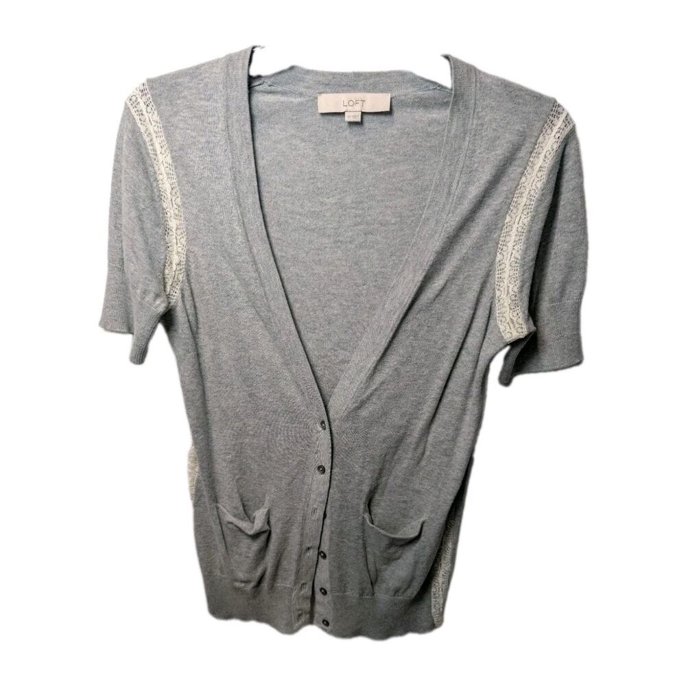 Loft Cardigan Sweater Gray Cream Lace Crochet Preppy Cottage Top Women's Size XS